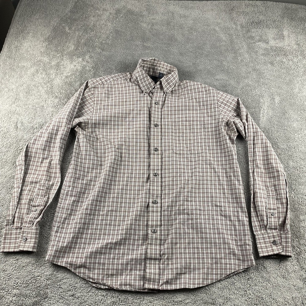 Arrow Long Sleeve Dress Shirt Mens Medium‎ 15-15.5 Beige Red Plaid Button Down